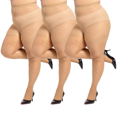 Image of LADYFAN 3 Pairs Plus Size Women's Sheer Tights 20D High Waist Control Top Pantyhose with Reinforced Toes