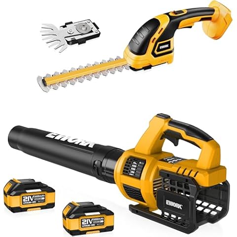 EWORK Cordless Leaf Blower and Hedge Trimmer Combo 21V Leaf Blower Cordless Hedge Trimmer with Battery and Charger Included Bush Trimmer (Yellow) Cover