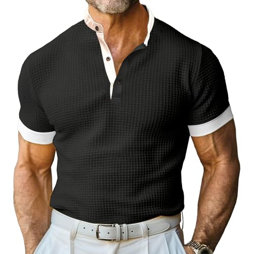 Men's Henry Neck Sports Polo Shirts Classic Quarter Button Exercise T Shirt Summer Short Sleeves Golf Pullovers (Black,3X-Large)