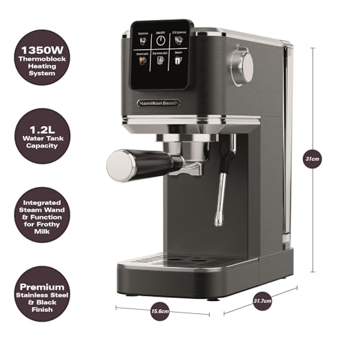 Hamilton Beach Espresso Coffee Machine, BaristaPro 5-in-1, Compact Stainless Steel, LCD Touch Screen Control, Steam Milk Frother, 20-Bar Pressure & Fast Heat, Hot & Iced Coffee, Black - HBC5210B - Image 5