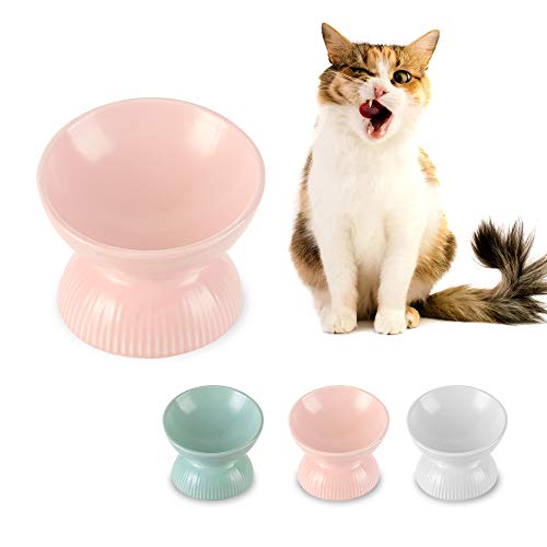 Ceramic Raised Cat Food Bowl - Tilted Cat Dish Anti Vomiting - Small Elevated Feeding Bowl - Microwave and Dishwasher Safe - 4 oz