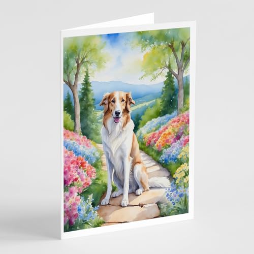 Caroline's Treasures Borzoi Spring Path Greeting Cards Pack of 8 Blank Cards with Envelopes Whimsical A7 Size 5x7 Blank Note Cards