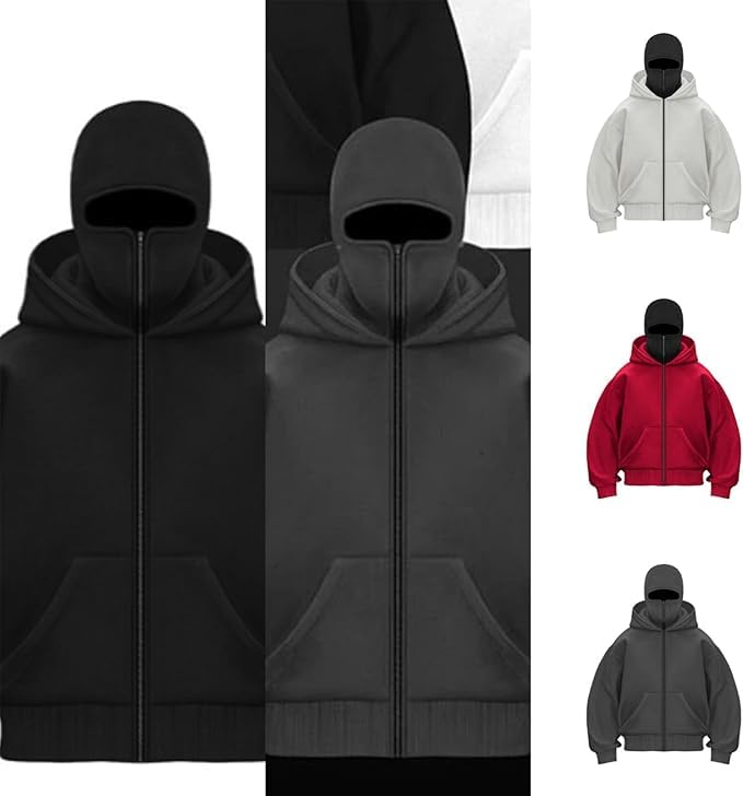 Balaclava Hoodie Jacket Zip Up Fashion Double Layer Hooded Sweatshirt Outerwear Jacket Y2K Sweatshirt for Men 2025 ﻿4