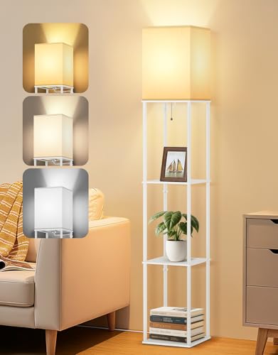 Image of OUTON Floor Lamp with Shelves, Modern Square Standing Shelf Lamp, White | 3 Color Temperature Bulb, Storage Display Wood Column Tall Bookshelf Lamp for Living Room, Bedroom Office