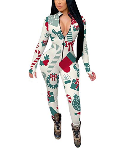 Womens Christmas One Piece Pajama Rompers with Hood Cute Cartoon Adult Onesies Holiday Jumpsuit Loungewear Homewear (White, Small)