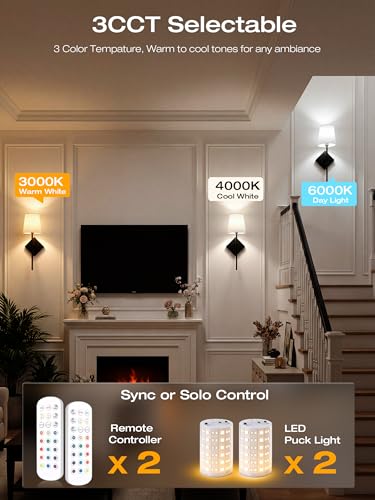 Image of CLOUDY BAY 10000mAh Battery Operated Wall Sconces,Up to 100 Hours with Rechargeable RGB Dimmable Magnetic Bulb,Cordless Wall Lighting Fixtures with Remote for Bedroom,Black,2 Pack-18in