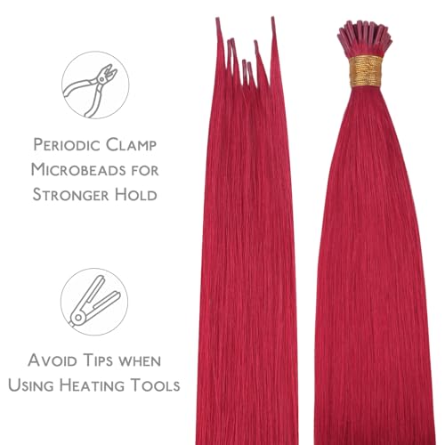 Image of WENNALIFE I Tip Hair Extensions Real Human Hair, 100g 100s 24 Inch Red Remy Itip Human Hair Extensions Invisible Itips Straight I Tips Cold Fusion Extensions