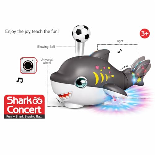 Image of Musical Dancing Shark Toy with Ball Blowing on Air for Kids Moving 360 Degree Rotating Light and Sound Toy with Bump and Go Action for Toddlers Both Boys Girls (Grey or Blue Colour)