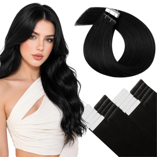 Image of LaaVoo Invisible Tape in Hair Extensions Human Hiar Seamless Tape in Extensions Jet Black Human Hair Tapes in Hair Extension 14 Inch 50g 20Pcs
