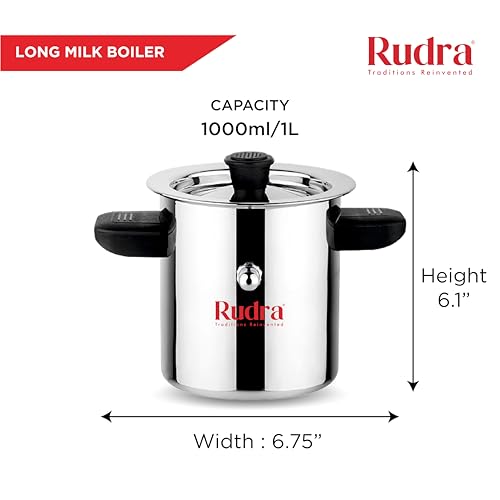 Image of Rudra Stainless Steel Long Milk Boiler 1L | Double-Walled Spill-Proof Design | Induction & Gas Compatible Milk Pan | Rust-Free 202 Grade Steel with Whistle Indicator