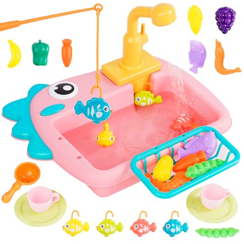 Fregadero de Juguete de Cocina con Agua Corriente, Juguetes de Pesca, Juguete de Cocina con Grifo Real, Pretenda el Juego de Roles Juguetes para niños, Regalo para Niñas y Niños, Rosa