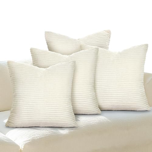 Yokuni Lot de 4 Housse de Coussin 40x40 cm, Coussin Velours Côtelé Beige, Rayure Douces, Fermeture Éclair Invisible, Coussin Decoratif Canape pour Canapé,...