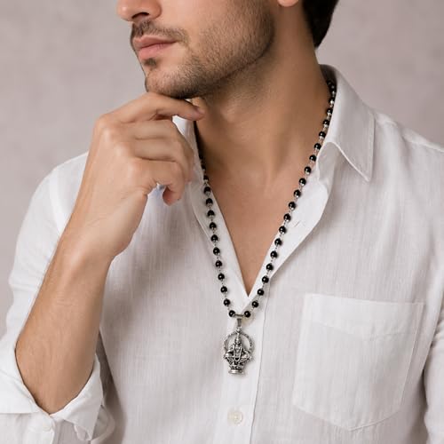 Image of Karungali Malai 8mm Certified with Divine Lord Ayyappa Pendant Silver Plated Original | 54 Beads Authentic Black Ebony Wood Mala with German Silver Cap for Men & Women | Spiritual Protection, Energy Balance & Daily Pooja Wear - 1 Piece