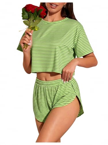 Image of OYOANGLE Womens Pajama Sets 2 Piece Sexy Lounge Sets Summer Cute Pjs Striped Print Tee and Side Split Shorts Set