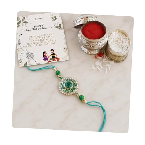 Image of I Jewels Pearl & Meenakari Designer Bhaiya Rakhi With Roli Chawal for Brother /Bro /Men with Rakshabandhan Card