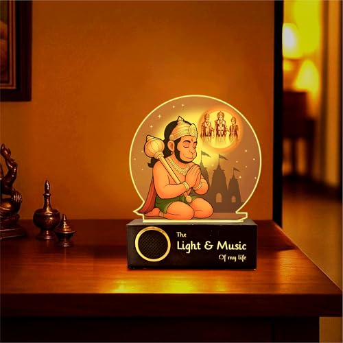 Image of ZOCI VOCI Hanuman Ji LED Lamp with Wooden Base - Bajrangbali Night Light for Pooja Room, Hanuman Photo Frame Light for Home Temple Decor, Spiritual Gift, Bedside Table Lamp (Warm Light + BT Speaker)