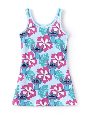 Disney Lilo & Stitch Toddler Girl Tank Dress Hawaiian Tropical Floral Print Blue Summer Beach Holiday Sleeveless A-Line Sundress 5-6Y