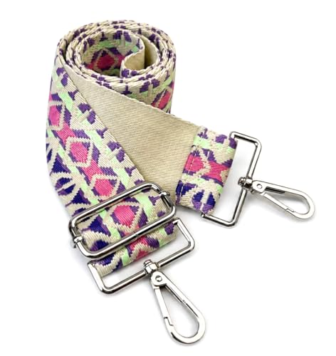 Image of Pastel Multicolor Boho Diamond Purse Strap with Silver Hardware 2 Inch Wide Replacement Crossbody Guitar Style Shoulder Strap for Handbags Totes