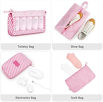 Mossio 9 Set Packing Cubes with Shoe Bag & Electronics Bag - Luggage Organizers Suitcase Travel Accessories, Pink Striped, L