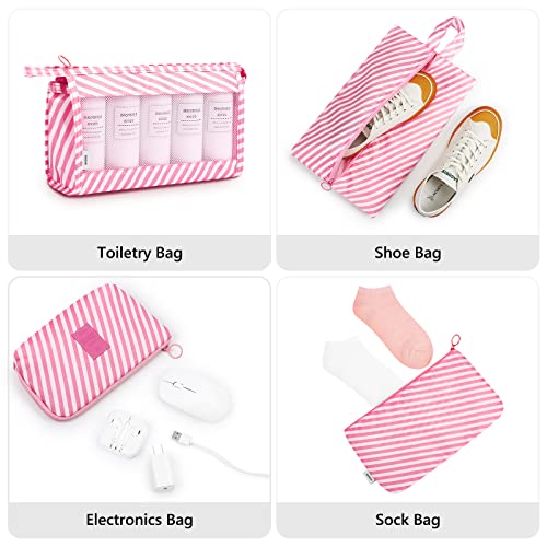 Mossio 9 Set Packing Cubes with Shoe Bag & Electronics Bag - Luggage Organizers Suitcase Travel Accessories, Pink Striped, L
