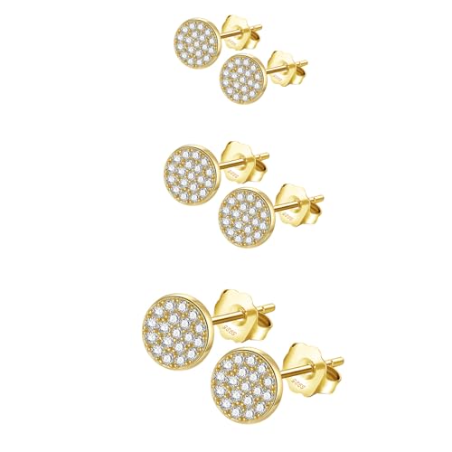 Epoch World Lot Boucles D'oreilles en Or Femme Homme 3 Paires Boucles D'oreilles Or Rondes avec Oxyde de Zirconium Hypoallergénique Clous D’oreilles Argent...