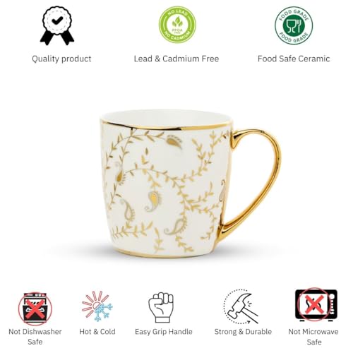 Image of Clay Craft Premium Ceramic Gold Floral Coffee & Tea Mug Set of 6 | Elegant Mugs with Gold Handle for Home, Office & Gifting | Glossy Finish Ceramic Cups | White & Gold