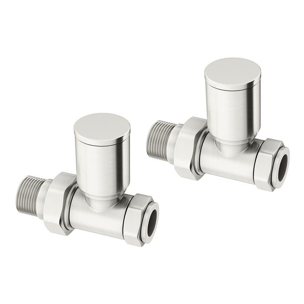 Nrg Straight Manual Round Brushed Nickel Radiator Valves Standard 15Mm Connection Central Heating Radiator Or Towel Rail Valves