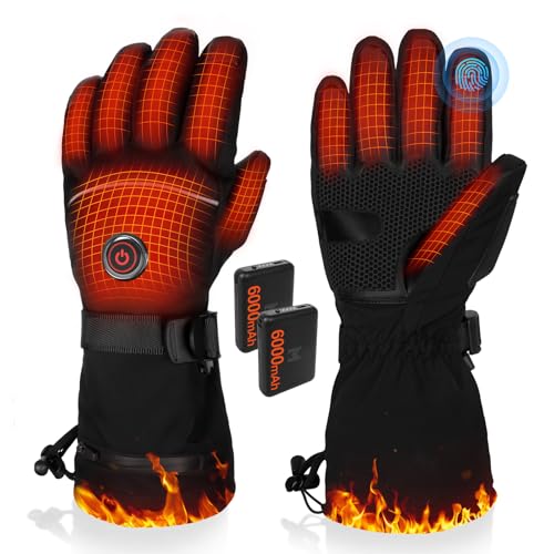 PEKWZIZ Beheizbare Handschuhe, 6000mAh Akku USB Beheizte Handschuhe für Damen Herren, 3 Heizstufen wasserdichte Touchscreen Handschuhe Beheizbar