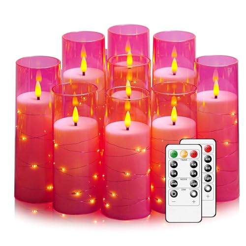 Image of Nimiko Flickering Flameless LED Candles,Battery Operated Candles 9 Pcs with Embedded Star String,Acrylic LED Pillar Candles with Remote,Suitable for Home Decoration to Create an Atmosphere (Pink)