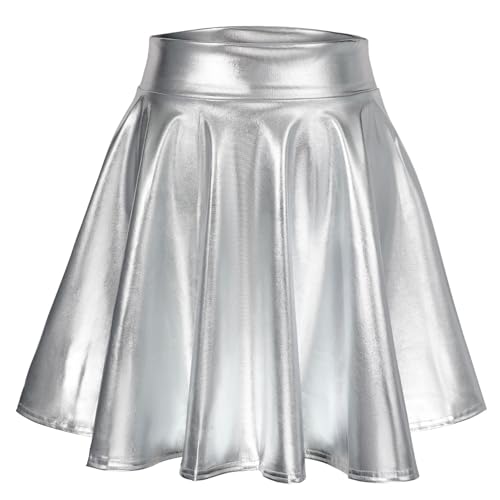 LEACOOLKEY Women's Fashion Flared Pleated A-line Skater Skirt Shiny Stretchy Skirt
