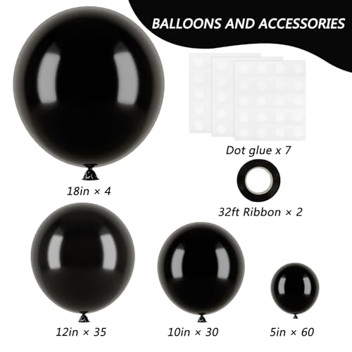 RUBFAC Black Balloons for Balloon Arch 129pcs Different Sizes Pack of 18 12 10 5 Inch Garland Kit, Latex Halloween Balloons for Party Decorations Birthday Wedding Decor - Image 3