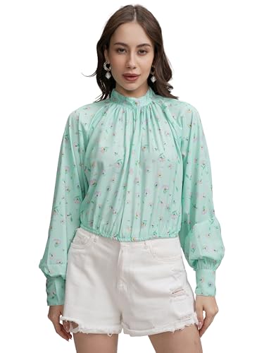 Image of Tokyo Talkies Women's Floral Print Blouson Top | High Neck | Cuffed Sleeves | Feminine & Elegant | Perfect for Work, Brunch & Casual Chic | Tops for Woman | Women Tops | Stylish Top