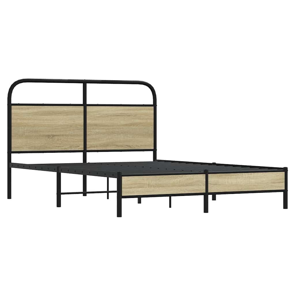 Estructura de cama de metal de 120 x 200 cm, sin colchón, cabecero de roble Sonoma, diseño moderno, marco de acero, somier de láminas de 27 cm de altura, para dormitorio y habitación de