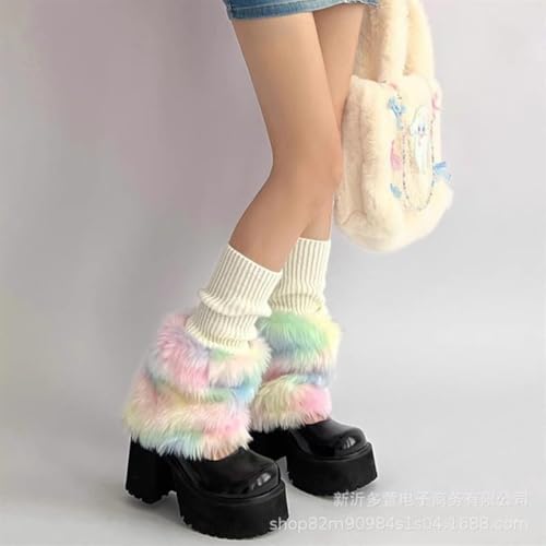Plush Leg Warmers for Women,Soft Cozy Faux Fur Gradient Rainbow Color Fluffy Thick Warm Leg Warmers3