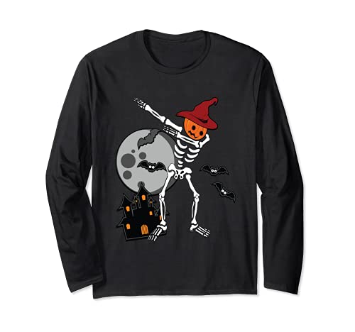 Dabbing Skeleton With Pumpkin Skull Head Dab Dance Halloween Manche Longue