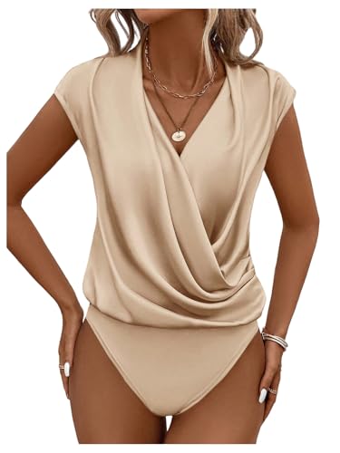 OYOANGLE Womens Cap Sleeve Draped Front Ruched Bodysuit Elegant Dressy Casual Body Suit Top Champagne Large
