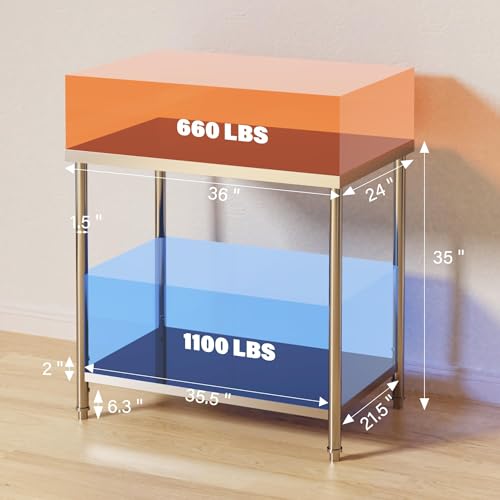 Image of Garvee Stainless Steel Table, 36 inch x 24 inch NSF 2 Tier Prep Table with Adjustable Foot & Under Shelf, Heavy Duty Commercial Worktable for Restaurant, Home, Kitchen, Indoor, Outdoor
