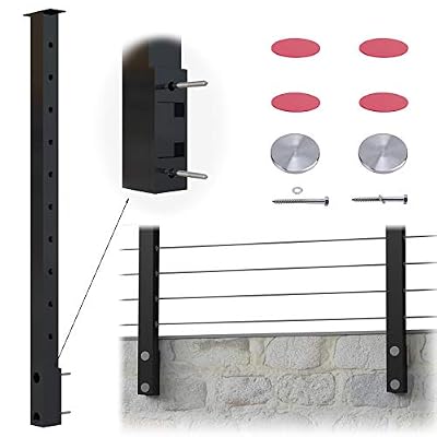 Muzata Cable Railing Post Fascia Side Mount Square Weldless Flat top 36"x2"x2" Stainless Steel Black Powder Coated Pre-Drilled Posts Wood Level Deck Balustrade Invisible PF02 BH4S, PT1 PT2 PT5