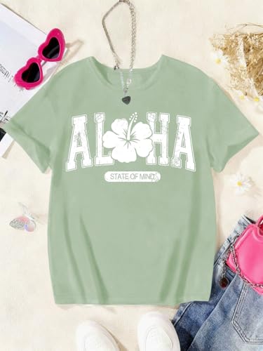 Image of SHENHE Girl's Summer Hawaiian Shirt Aloha Tropical Graphic Cute Crewneck Short Sleeve T Shirts Teen