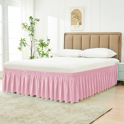 Biscaynebay Wrap Around Bed Skirts for Twin & Twin XL Beds 15" Drop, Pink Adjustable Elastic Dust Ruffles Easy Fit Wrinkle & Fade Resistant Silky Luxurious Fabric Machine Washable