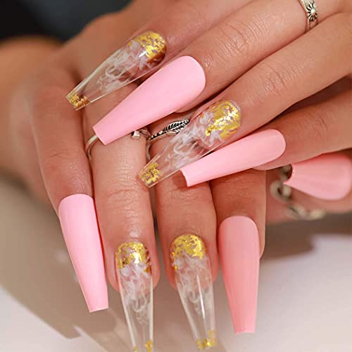 Outyua Smoke Pattern Fake Nails Pink Coffin Extra Long Press on Nails with Designs Glossy Ballerina Acrylic False Nails Stick on Artificial Nails 24Pcs (Pink) - Thumbnail 2
