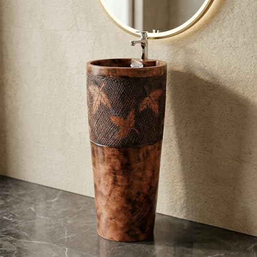 Image of InArt One Piece Ceramic Pedestal Free Standing Round Wash Basin for Living Room and Bathroom (15 x 15 x 33 Inch) (Wooden)