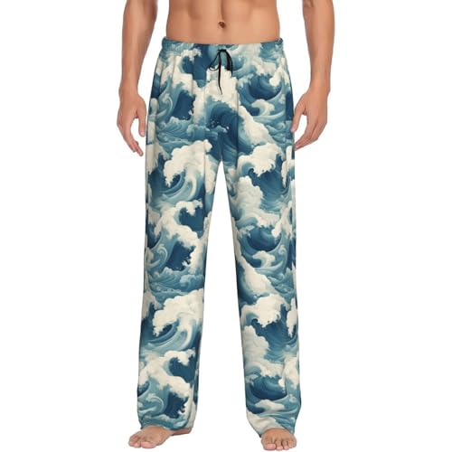 Blue Waves A Print Mens Pajama Pants with Pockets, Lounge Sleep Pants Sleepwear Long Pj Bottoms2