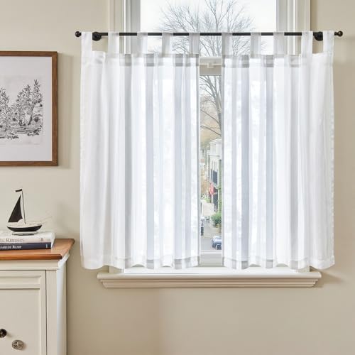TOPICK Rideau Voilage Cuisine Court Brise Bise avec Passants Blanc 90x90cm, Rideau à Rayures Moderne sous Evier Semi Transparent, Brise-Bise d'Interieur pour...