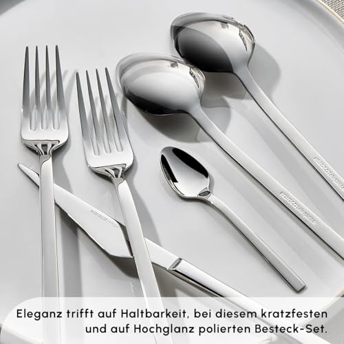 Karaca Sedir Elegance 84 Piece Silver Cutlery Set for 12 People - 18/10 Stainless Steel Knife Fork Spoon Set - Kitchen Silverware Knives and Forks Set