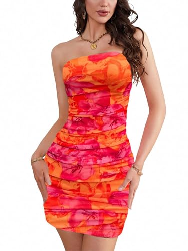WDIRARA Women's Floral Mesh Strapless Ruched Tube Mini Dress Short Bodycon Dresses