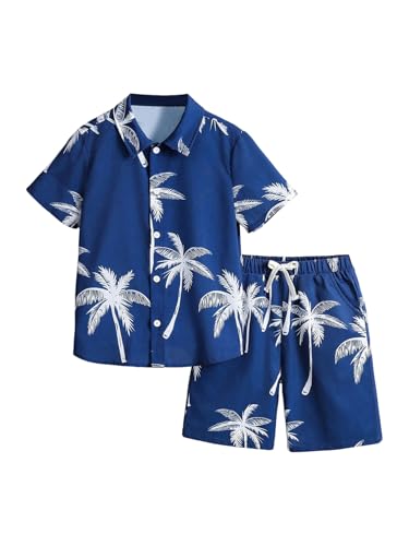 Image of Verdusa Boy's 2 Piece Outfits Summer Hawaiian Vacation Beach Button Down Shirt and Shorts Going Out Sets