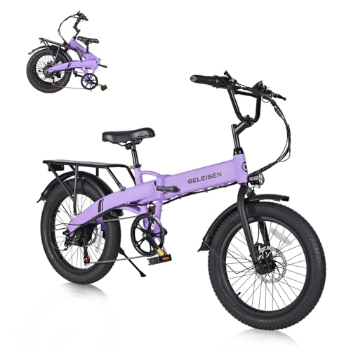 GELEISEN Folding Electric Bike for Adults, 20'×3.0 Fat Tire Electric Bicycle, 374.4Wh Battery Ebike, 20MPH Electric Cargo Bike with LCD Color Display & 6 Speed Gears (Fits for 5'0'+) (Purple)