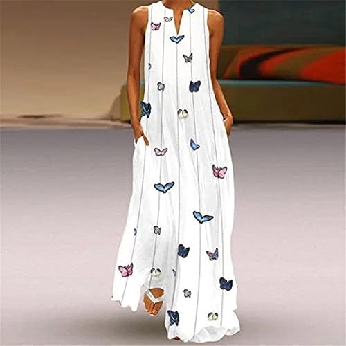 Vestido Largo De Verano Para Mujer, Con Cuello En V, Estilo Bohemio, Vintage, Floral, Con Bolsillos, Holgado, Sin Mangas, Cintura Alta, Para La Playa, Lyqz-a0880-blanco