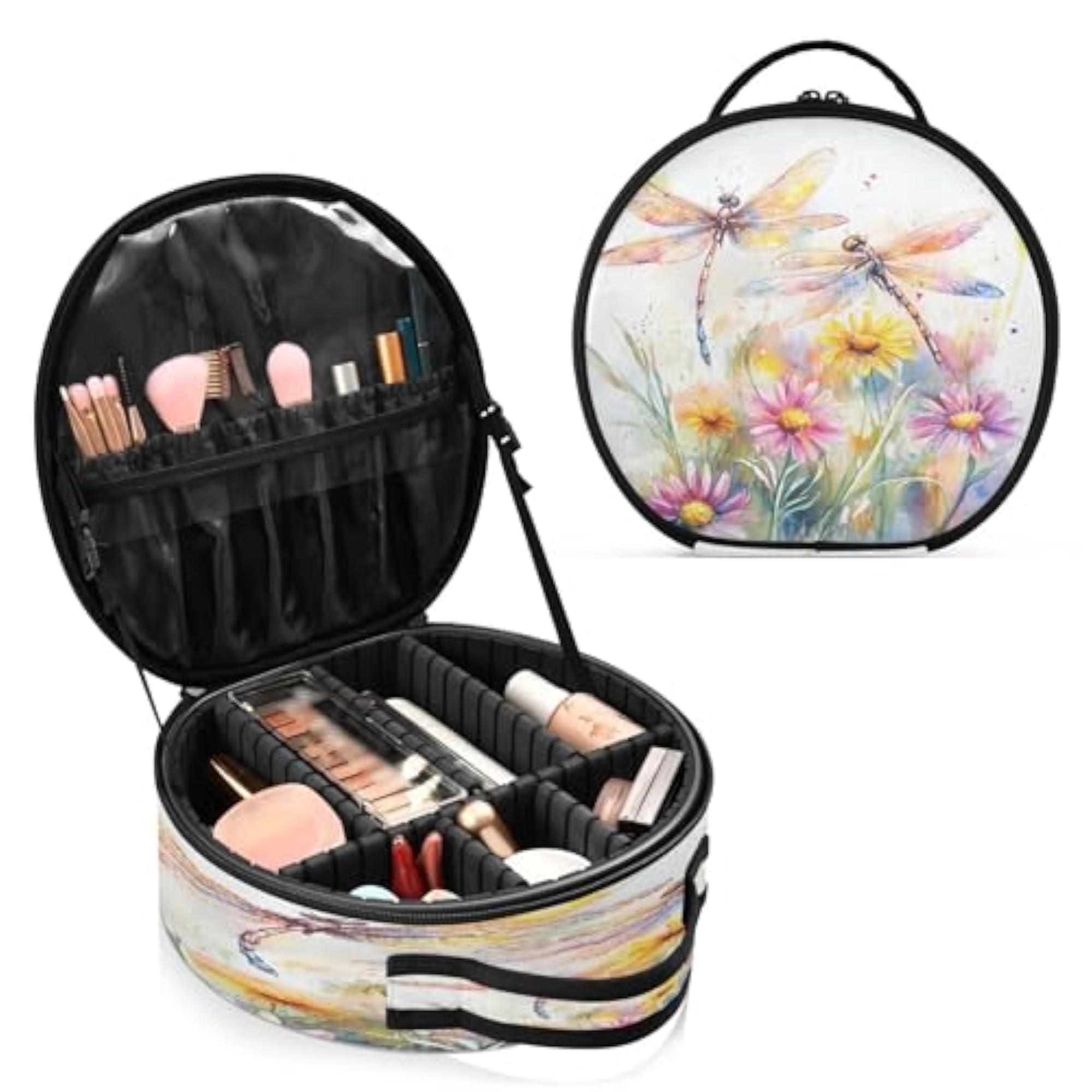 Portable Makeup Case with Adjustable Dividers, Dragonflies Flowers